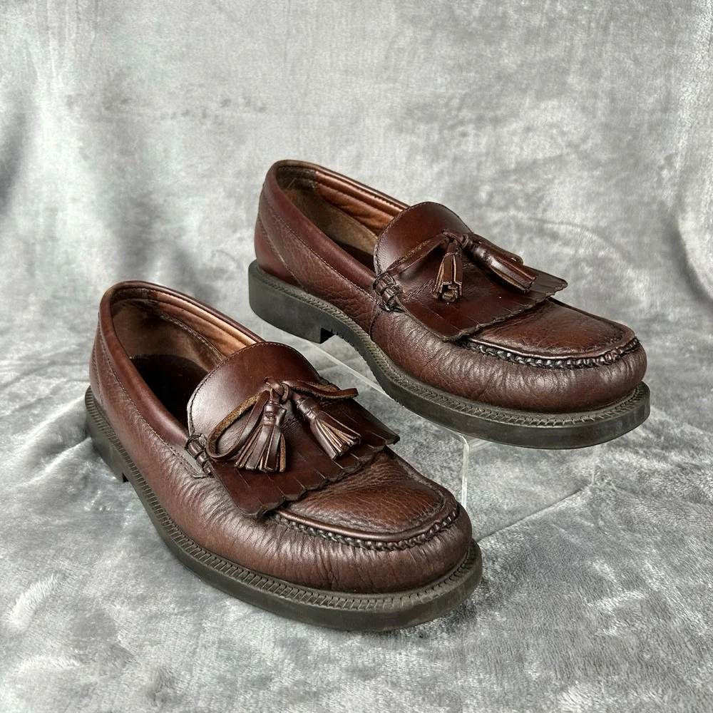 Mens Brown Pebbled Leather Tassel Kiltie Loafers Moc Toe Slip On Shoes